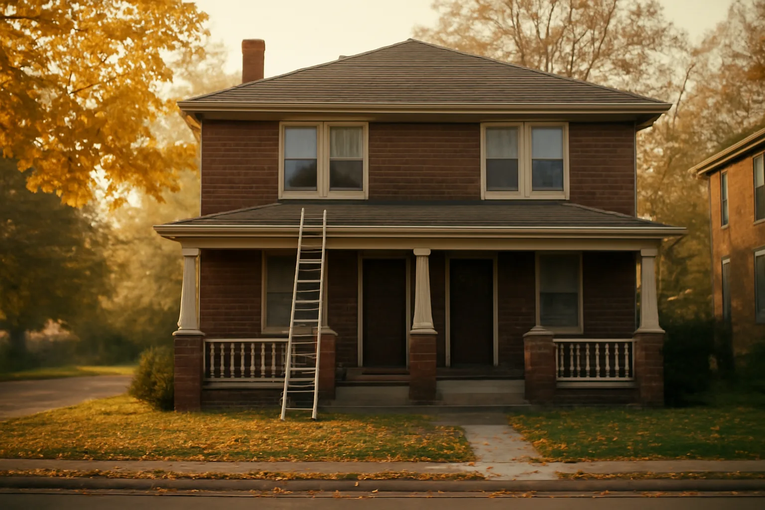 Brick duplex rental property on a residential street during a morning inspection visit