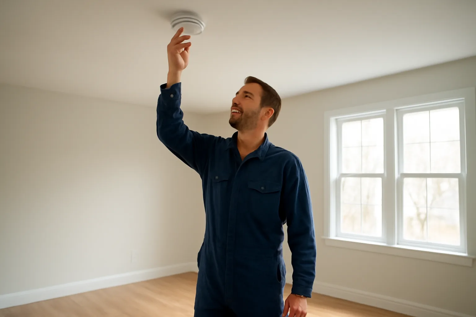 Landlord inspecting a smoke detector during a rental property walk-through