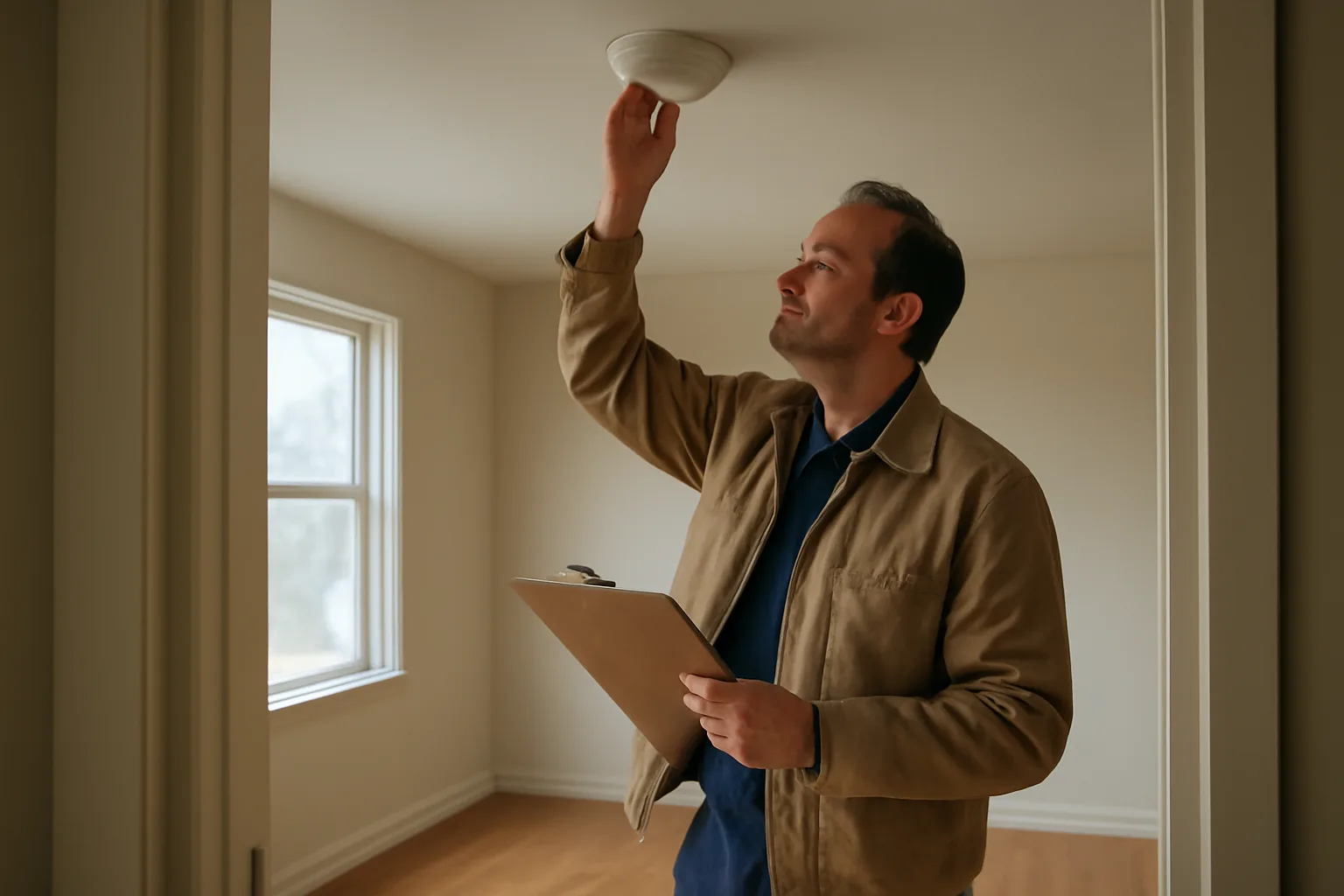 Landlord checking a smoke detector during a rental unit inspection walkthrough