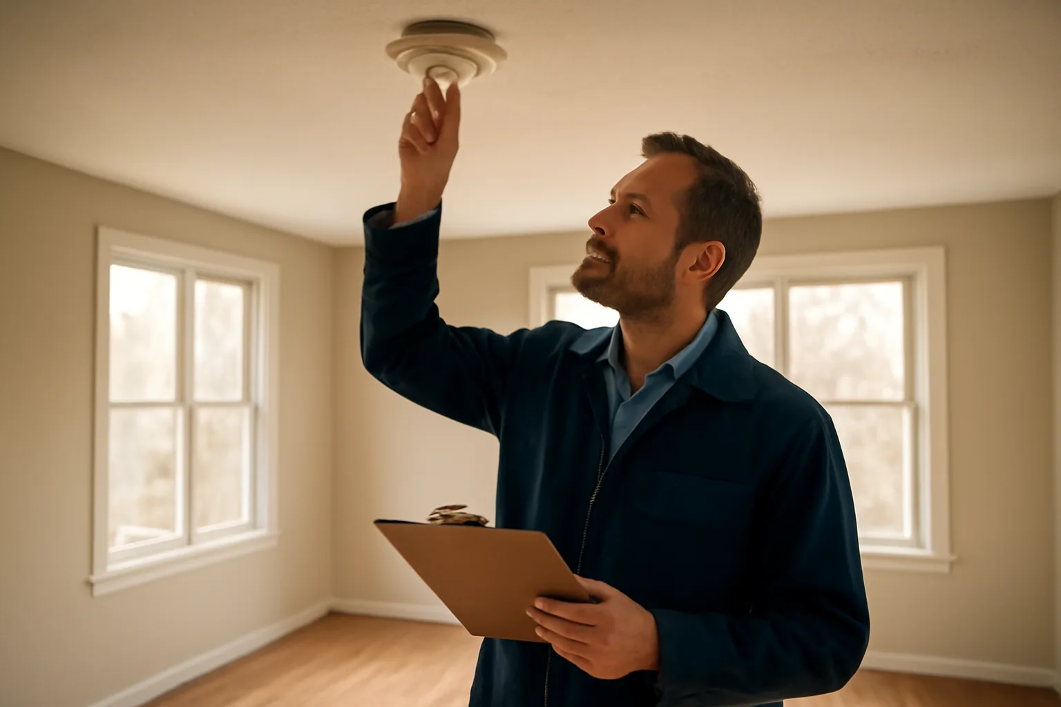 Landlord inspecting a smoke detector during a rental unit walk-through inspection
