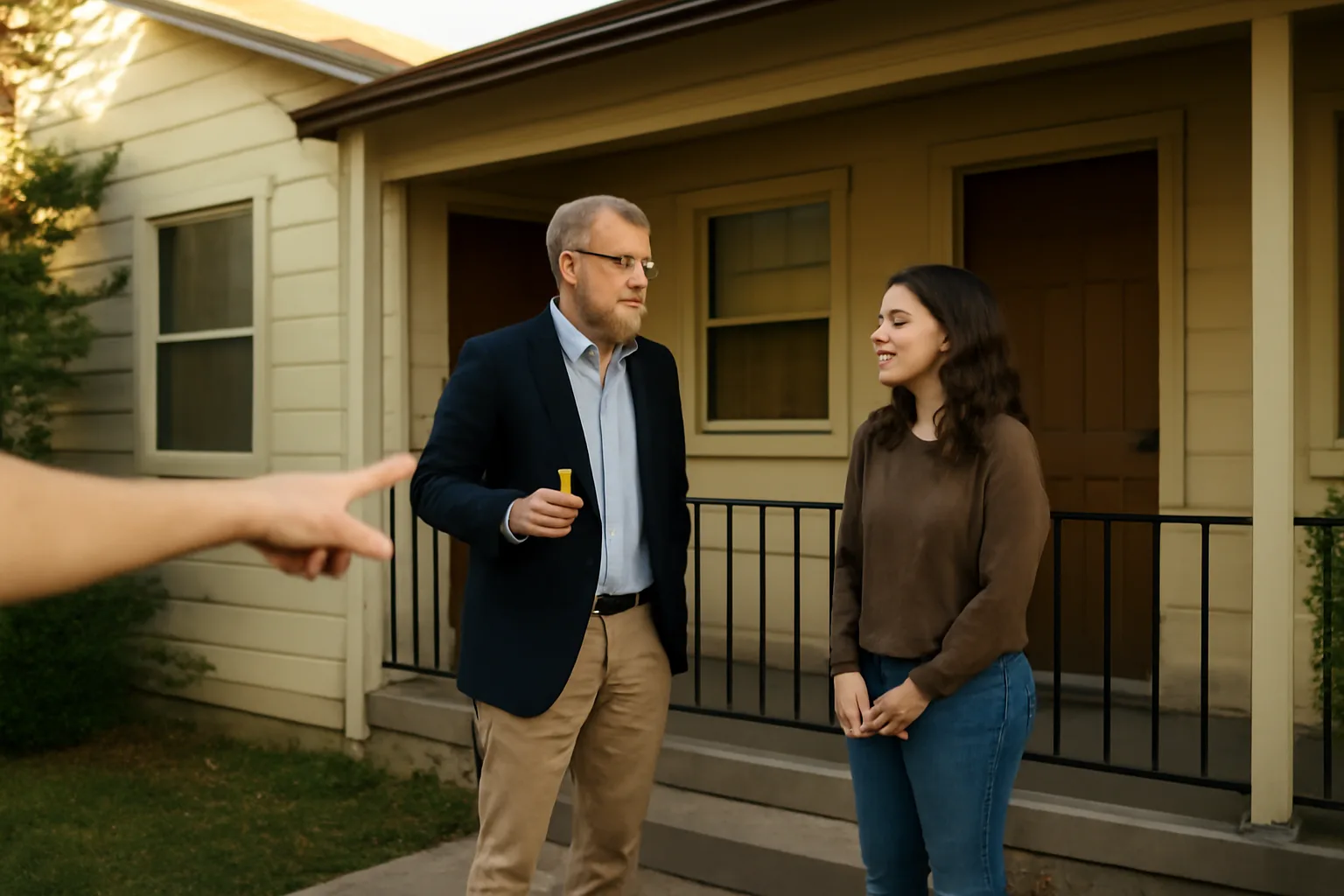 Landlord and tenant talking on a porch during a rental property inspection visit