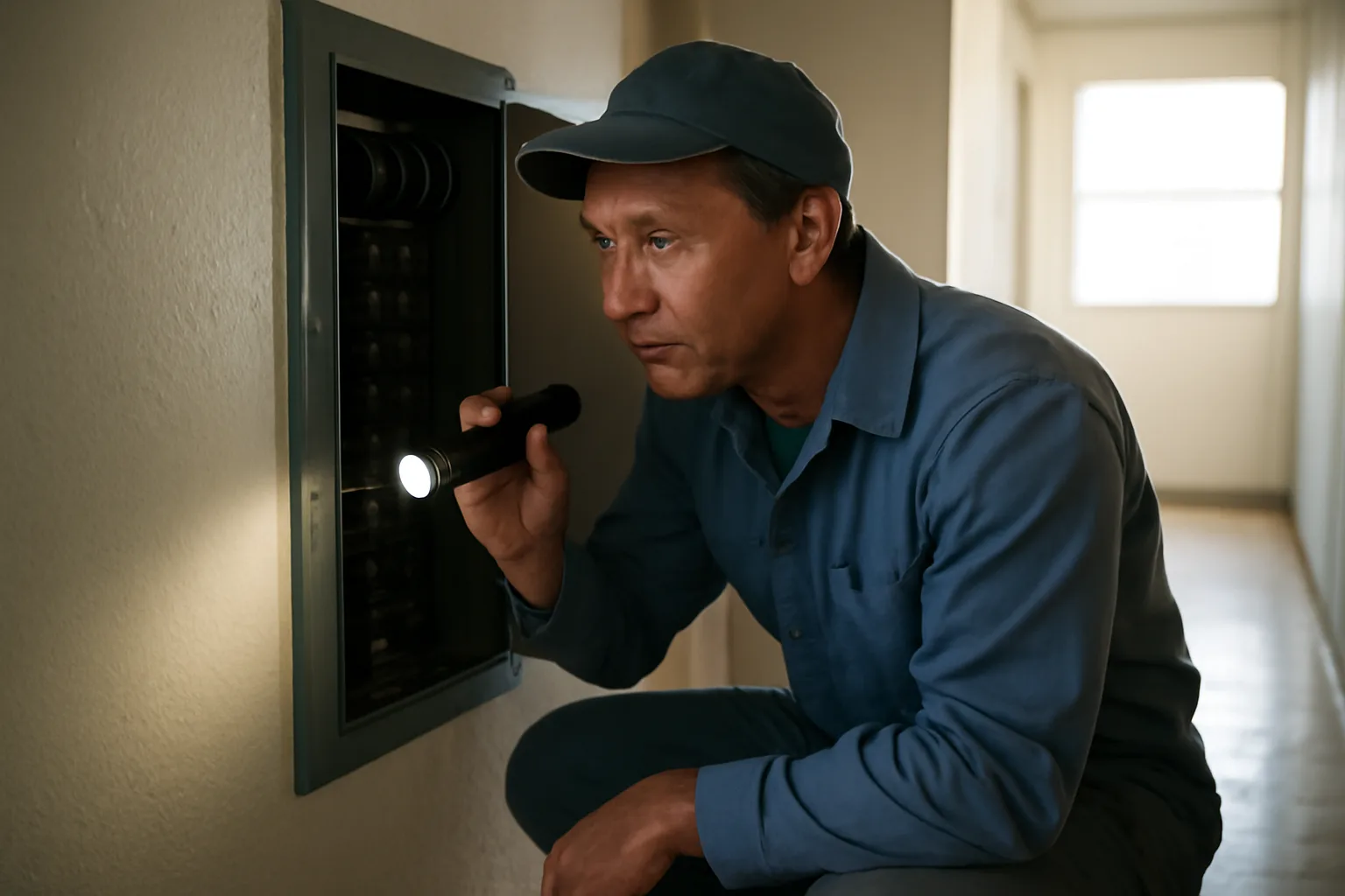 Landlord inspecting an electrical panel in a rental unit hallway after a failed rental inspection