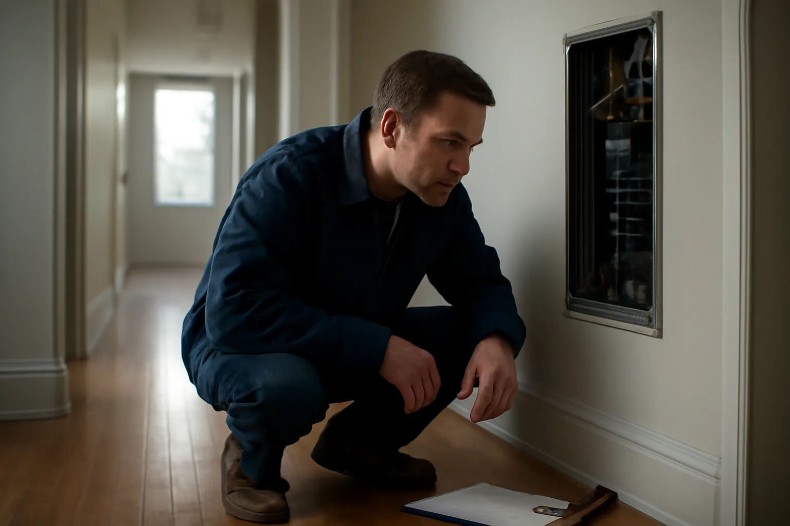 City inspector examining an electrical panel during a final rental inspection in an empty unit