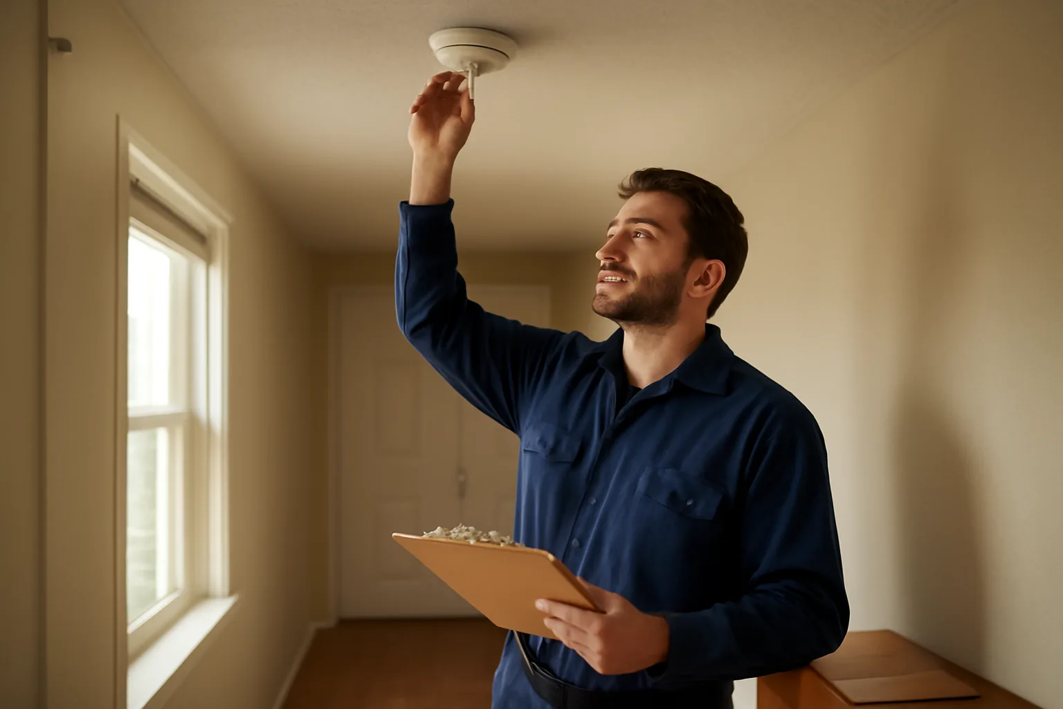 Landlord testing a smoke detector during a rental unit habitability inspection