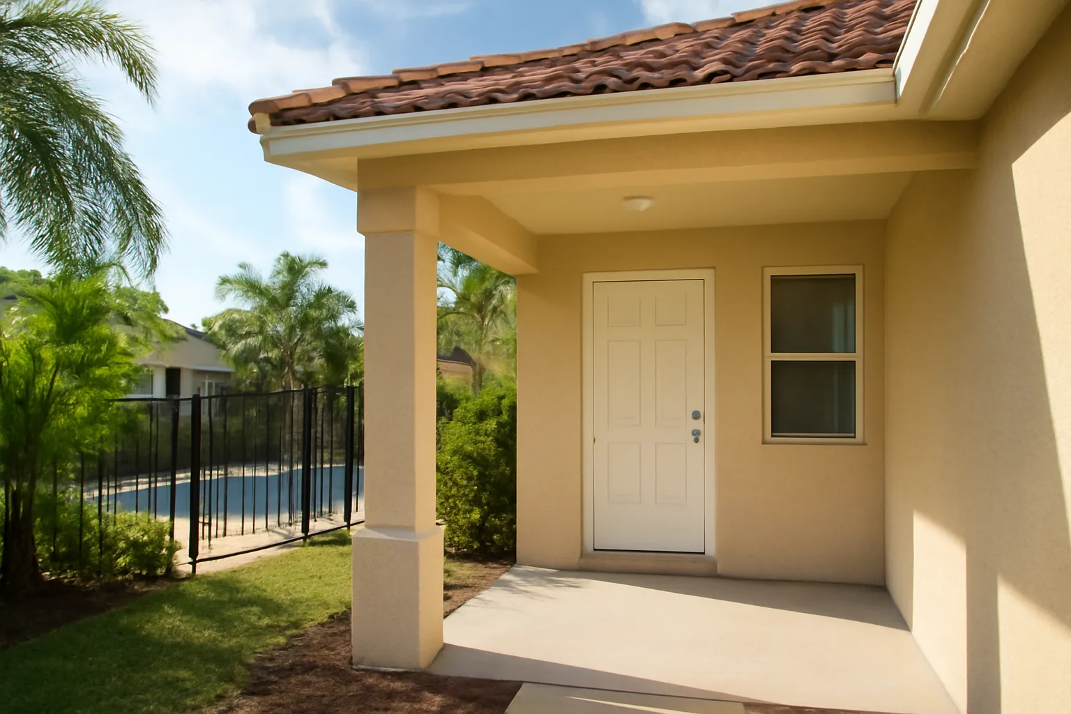 Florida single-family vacation rental home exterior with pool safety gate visible