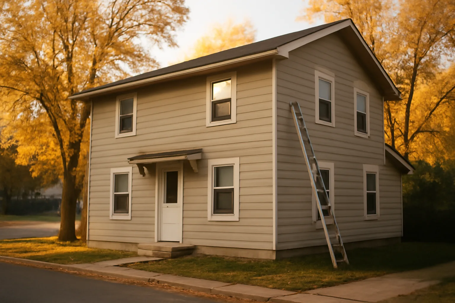 Duplex rental property exterior with a ladder set up for a Fort Collins inspection
