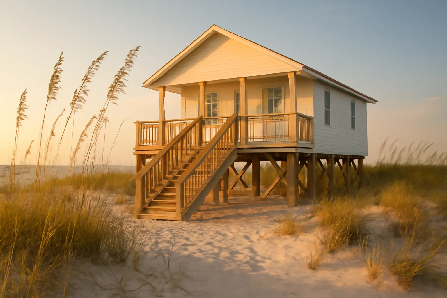 Rebuilt beach house on stilts near Fort Myers Beach at sunrise