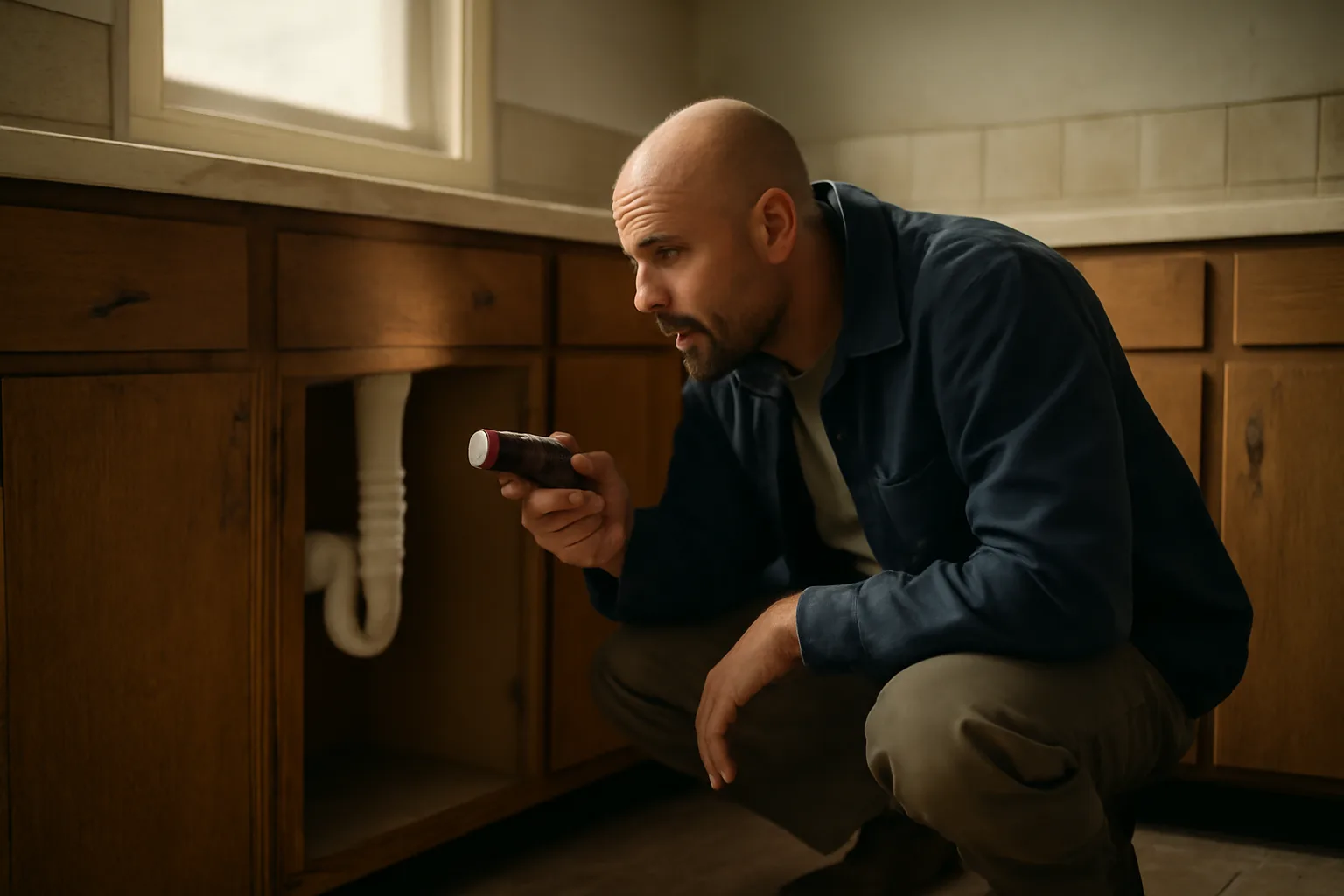 Landlord using a flashlight to check under-sink plumbing during a rental property inspection