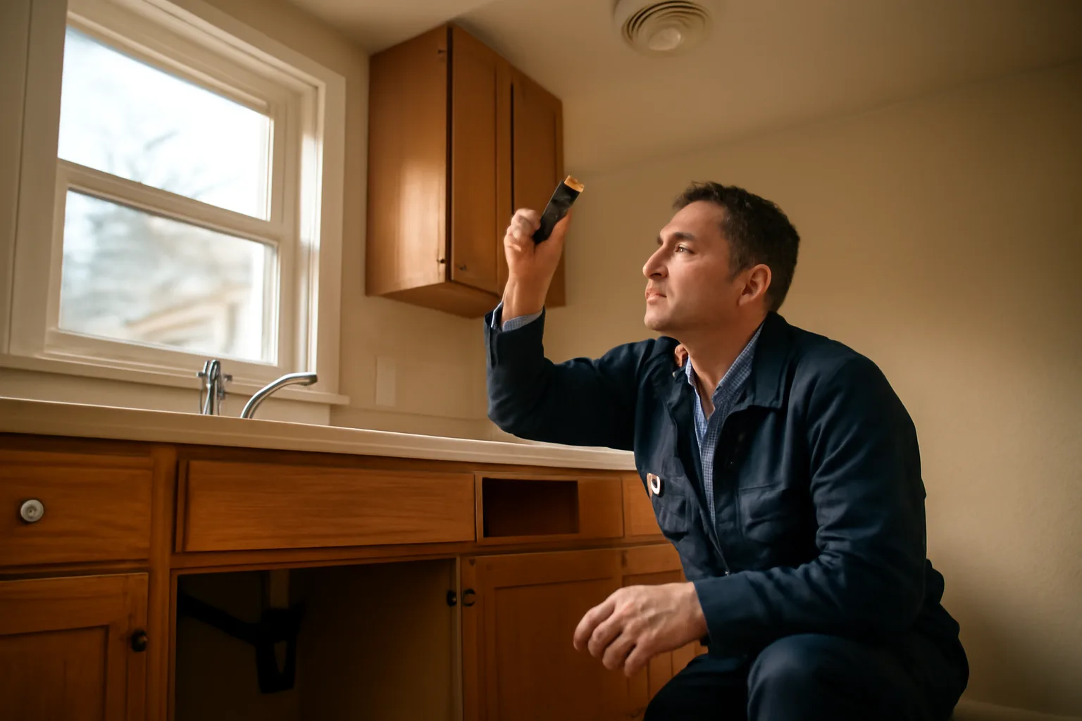Landlord checking a smoke detector during a rental property walk-through inspection