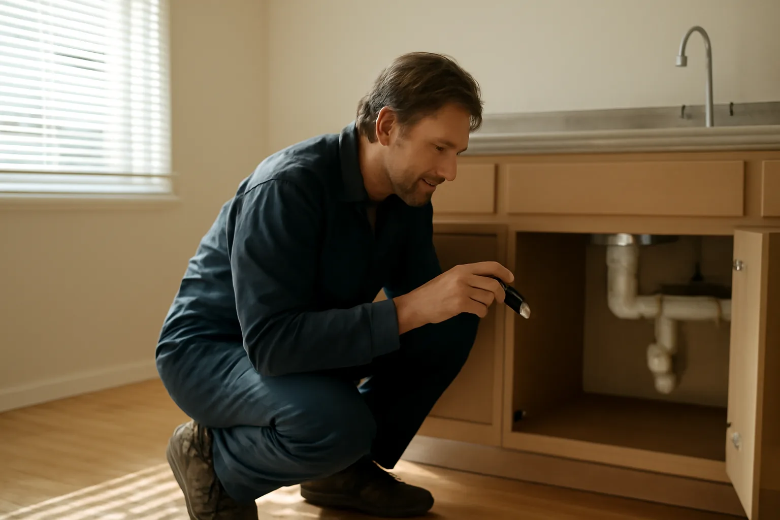 Landlord inspecting under-sink plumbing during a rental unit walk-through