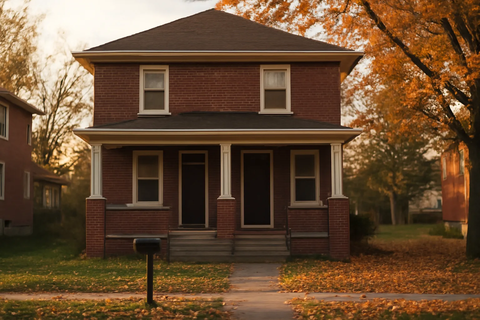 Brick duplex rental property on a quiet Ohio residential street in autumn