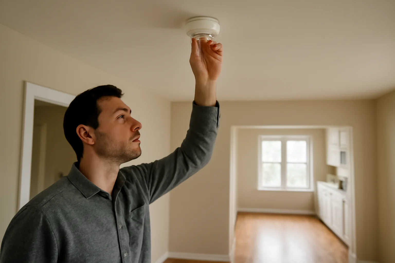 Inspector testing a smoke alarm during a healthy homes rental inspection walkthrough