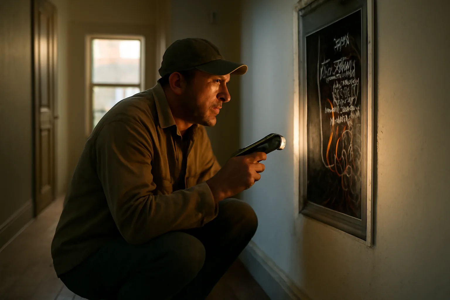 Landlord inspecting an apartment's electrical panel during a rental unit walkthrough