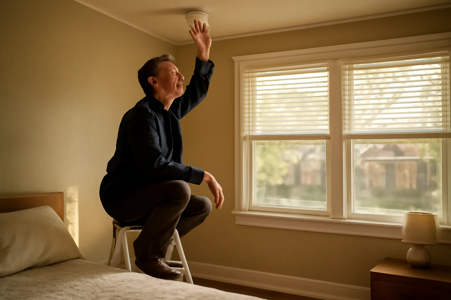 Landlord testing a smoke detector during a rental home inspection in a Denver house