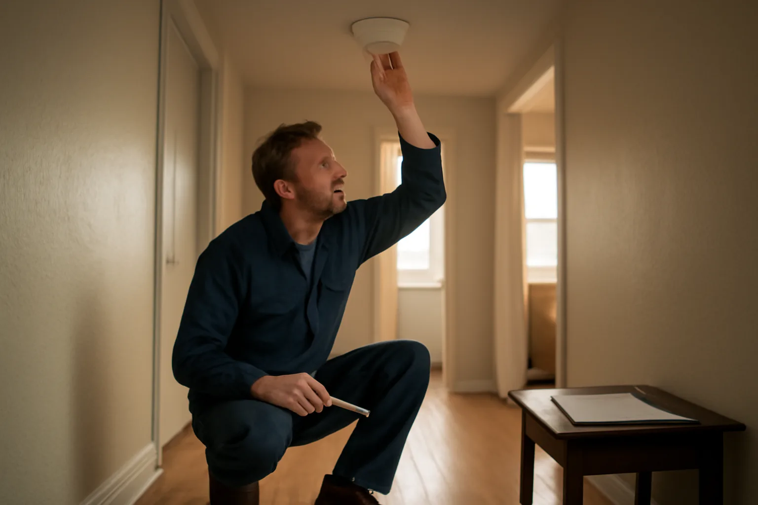Landlord checking a smoke detector during a home inspection for rental unit