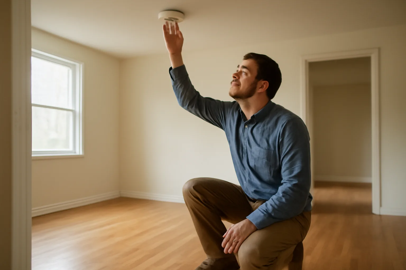 Landlord testing a smoke detector during a rental property home inspection