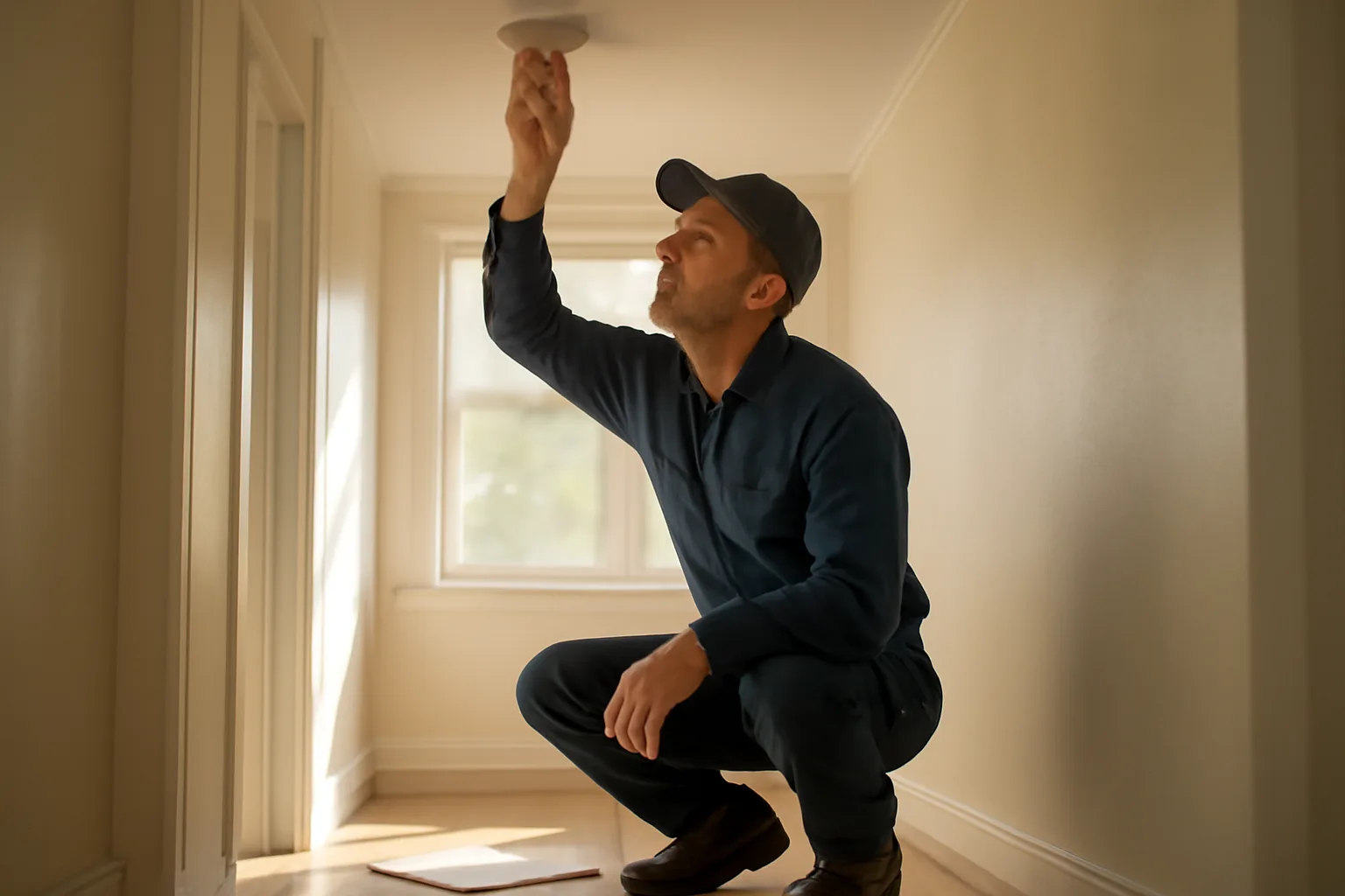 Landlord checking a smoke detector during a home rental inspection walkthrough