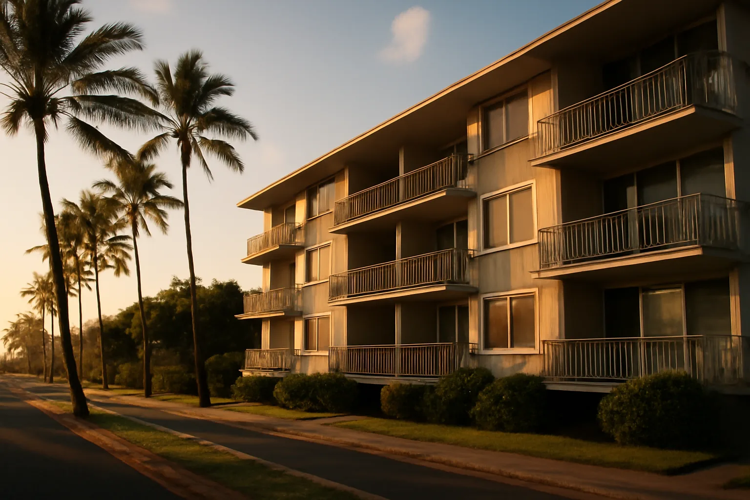 Honolulu residential condo building exterior at golden hour with palm trees