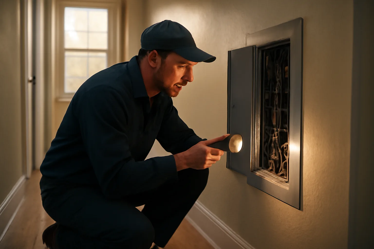Landlord using a flashlight to inspect an electrical panel during a house inspection