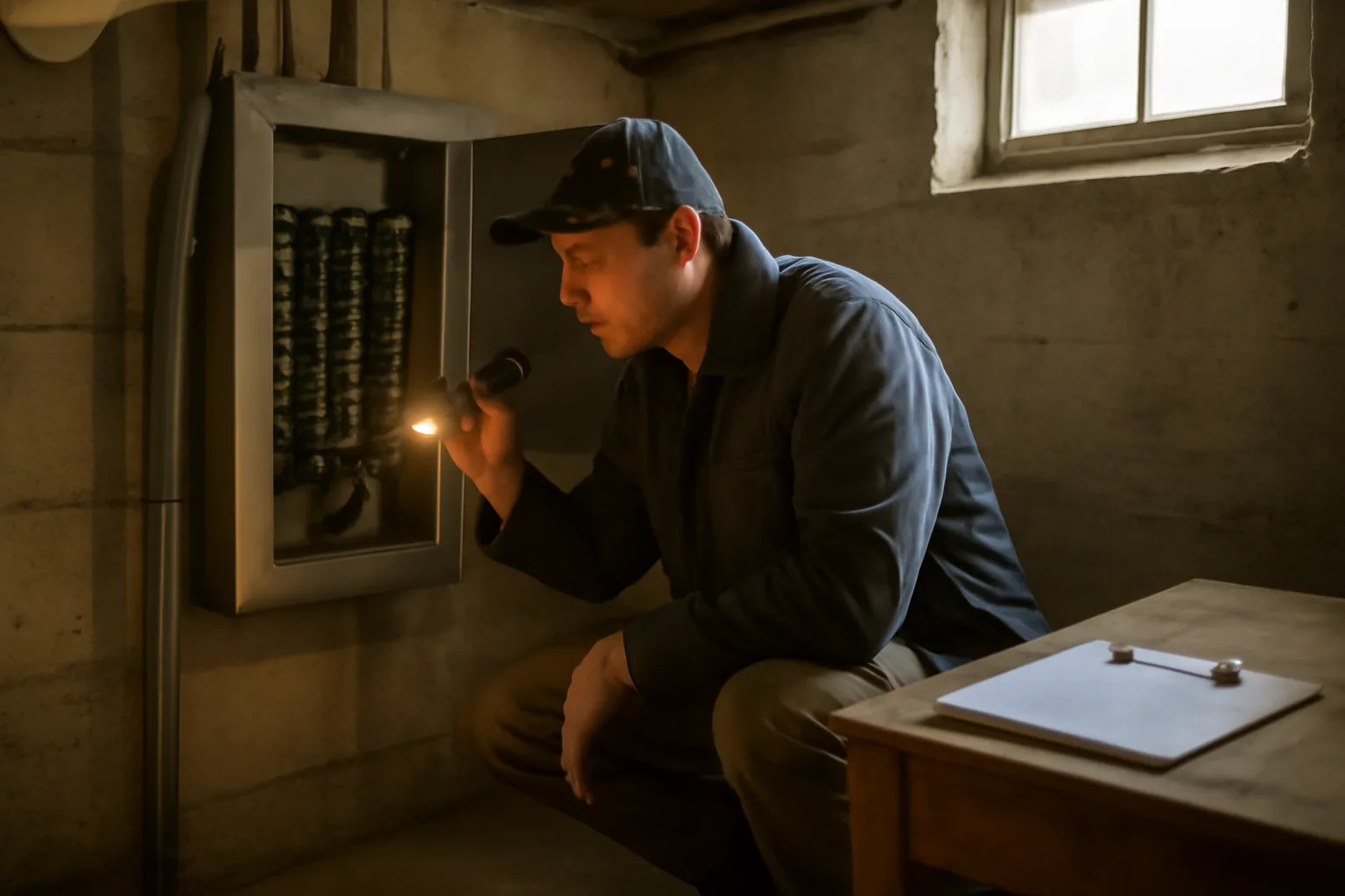 Landlord using a house inspection checklist while examining a basement electrical panel