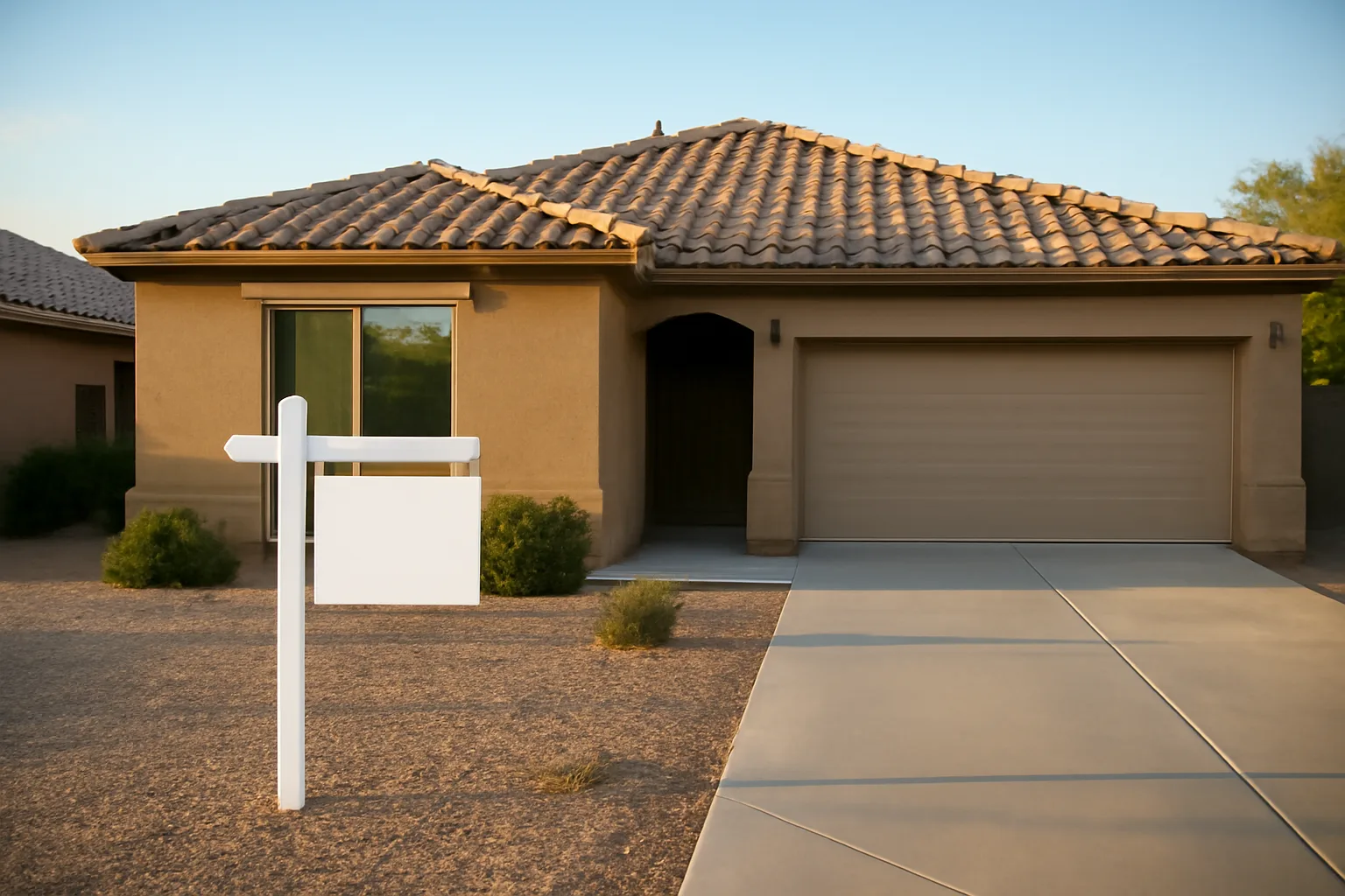 Stucco single-family house with gravel yard, an example of houses for rent by owner in Maricopa AZ