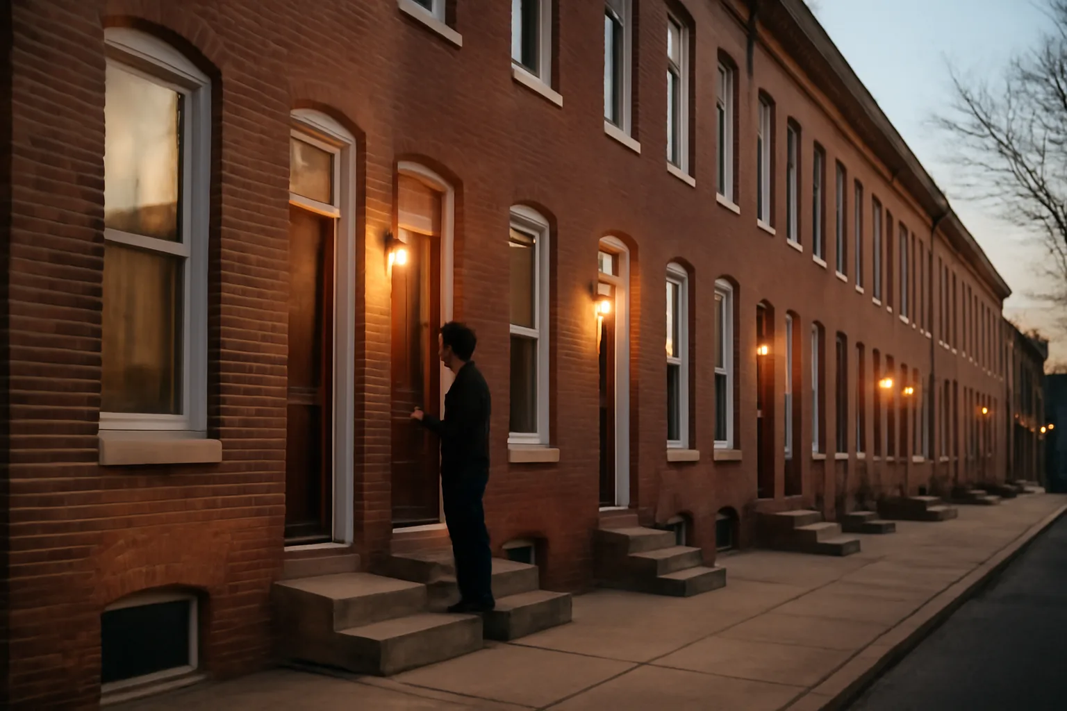 Brick rowhouses in Baltimore City used as single-family houses for rent at dusk