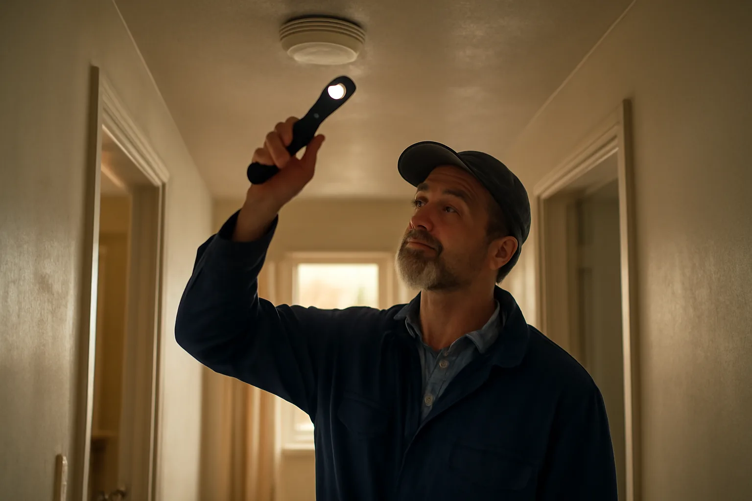 Landlord checking a smoke detector during a rental unit inspection