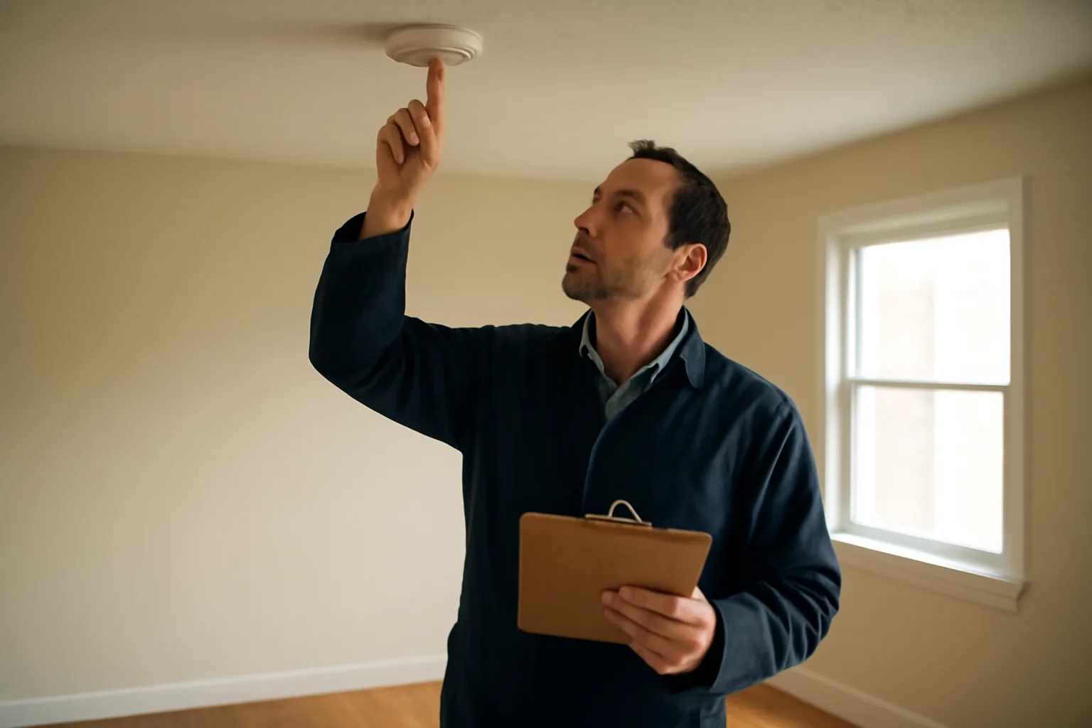 landlord checking a smoke detector during a rental unit inspection