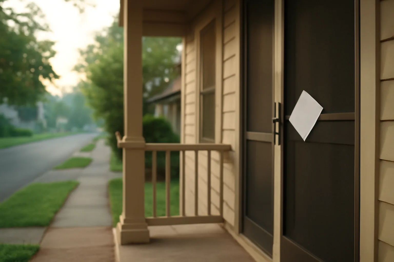 Notice tucked into a screen door on a small rental duplex porch