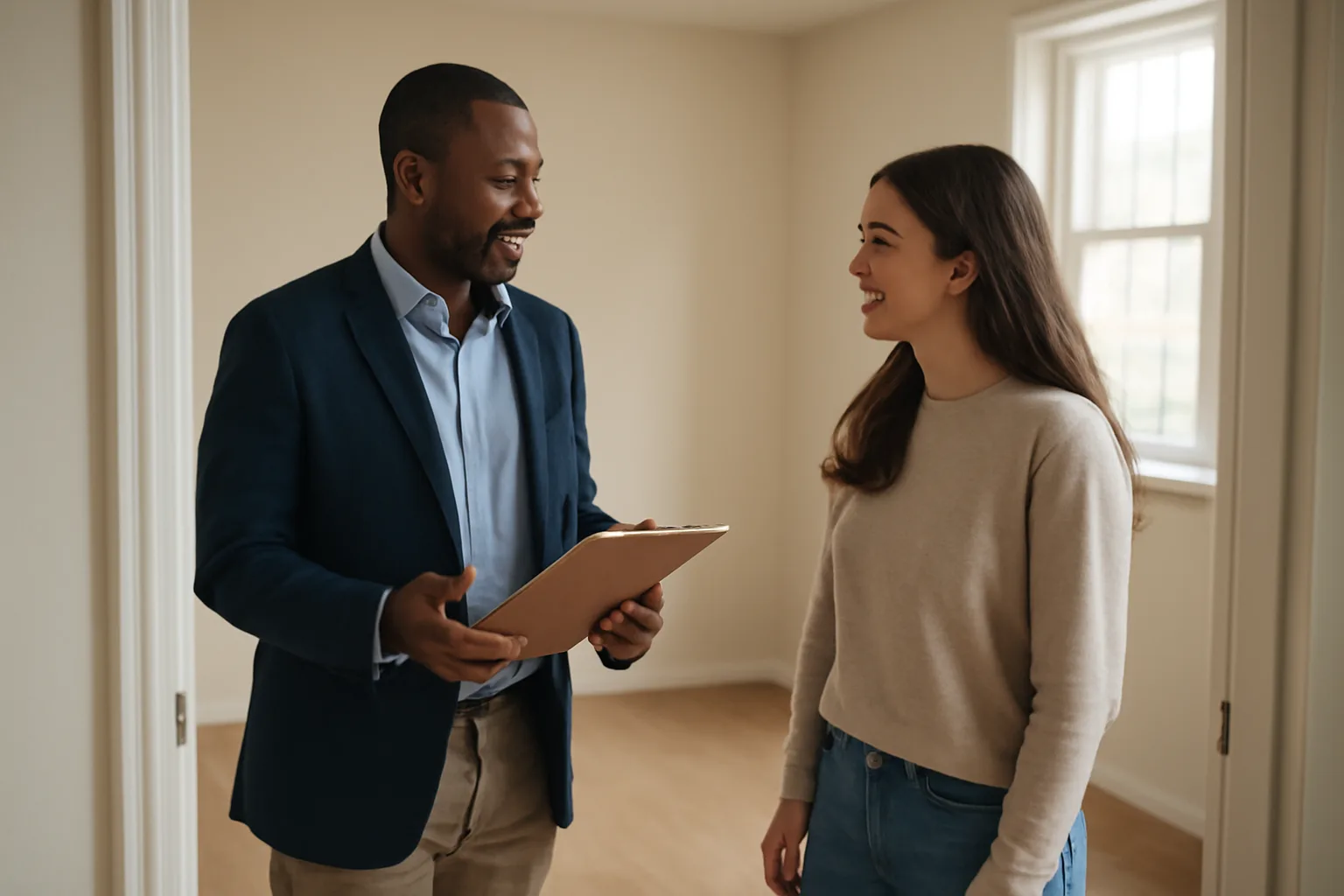 Landlord and tenant discussing renters insurance during an apartment walk-through inspection