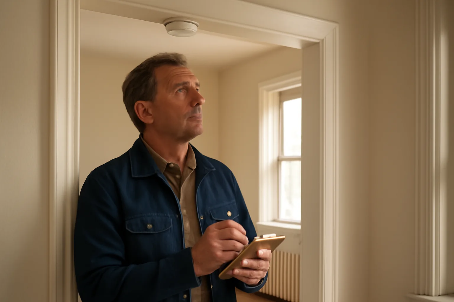 Landlord checking a smoke detector during a rental unit walkthrough inspection