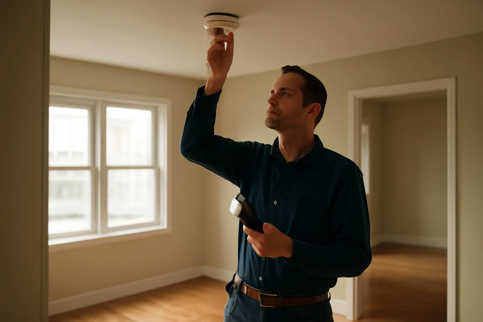 Landlord checking a smoke detector during a rental property inspection