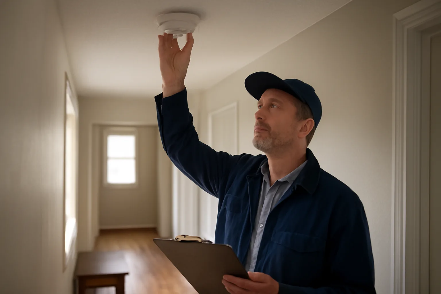 Landlord checking a smoke detector during a rental unit inspection