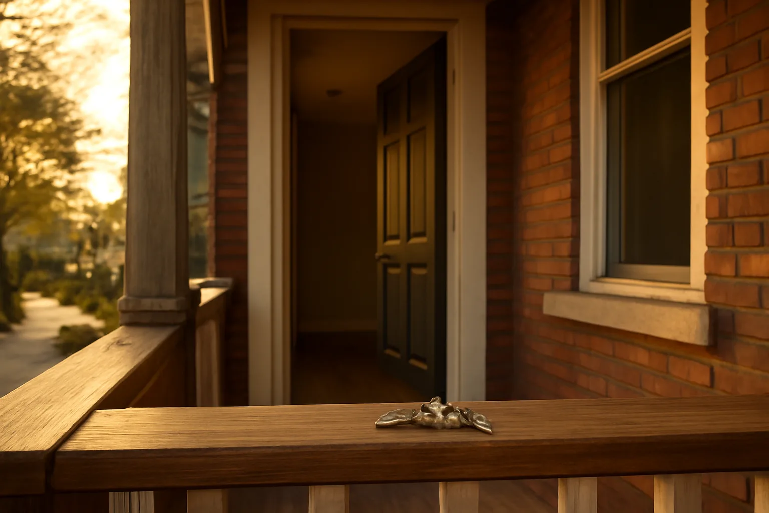 Front porch of a city rowhouse used as a short term rental with visible smoke detector inside