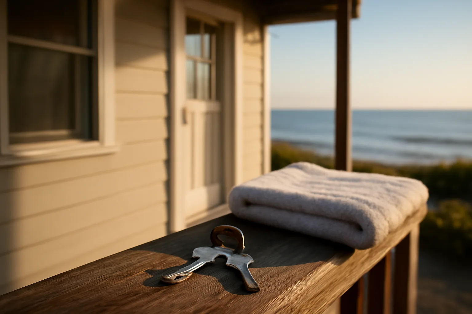 Vacation rental cottage porch at sunrise with keys on the railing