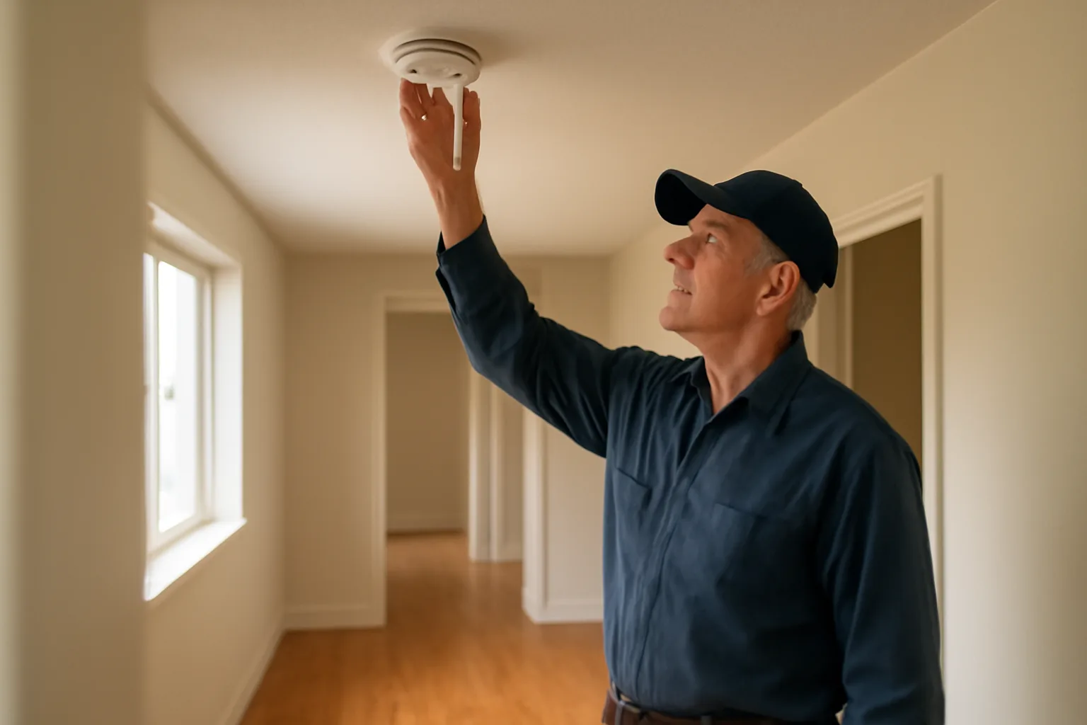 Landlord checking a smoke detector during a rental unit inspection