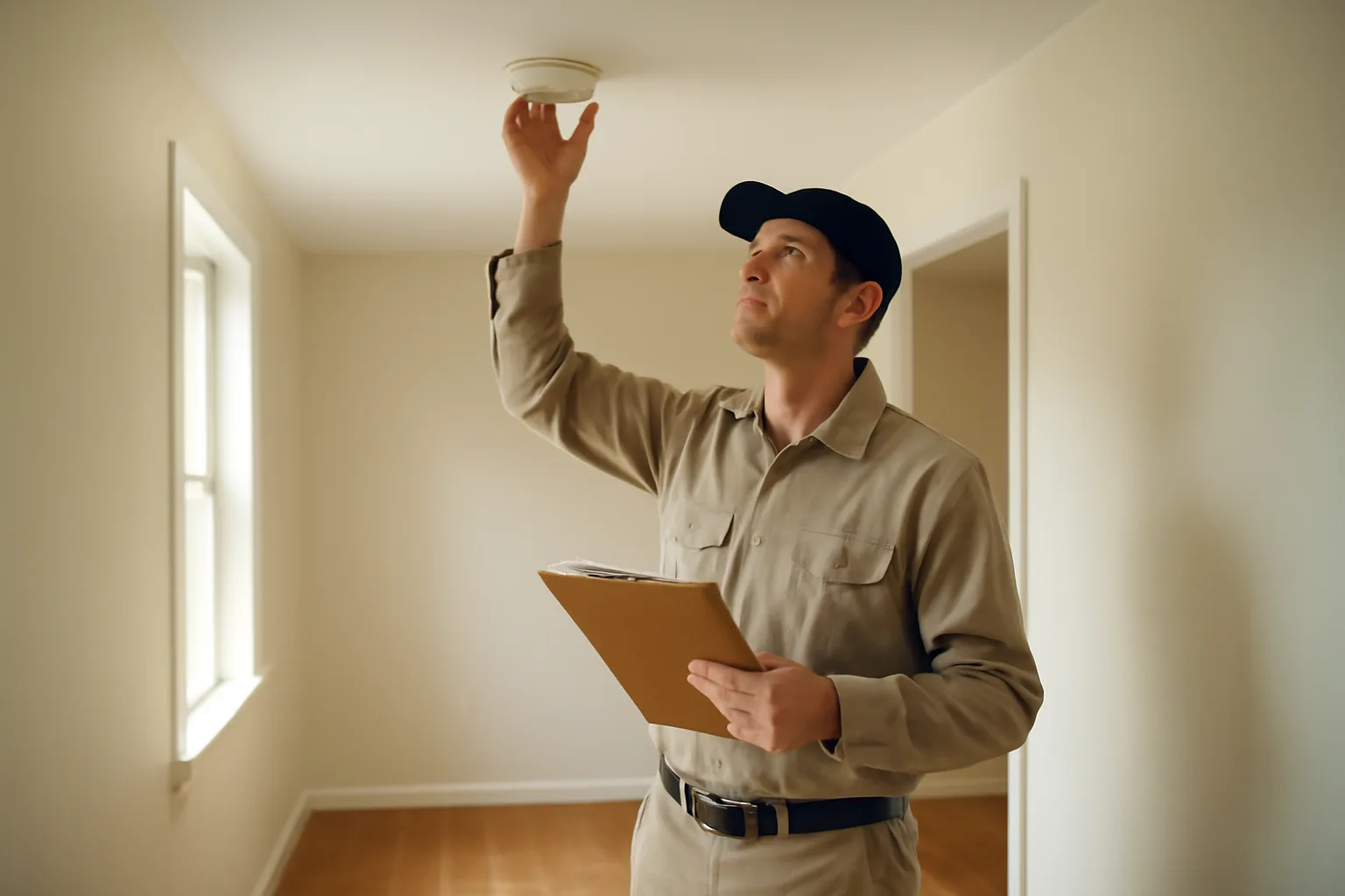Landlord inspecting a smoke detector during a rental unit walkthrough inspection