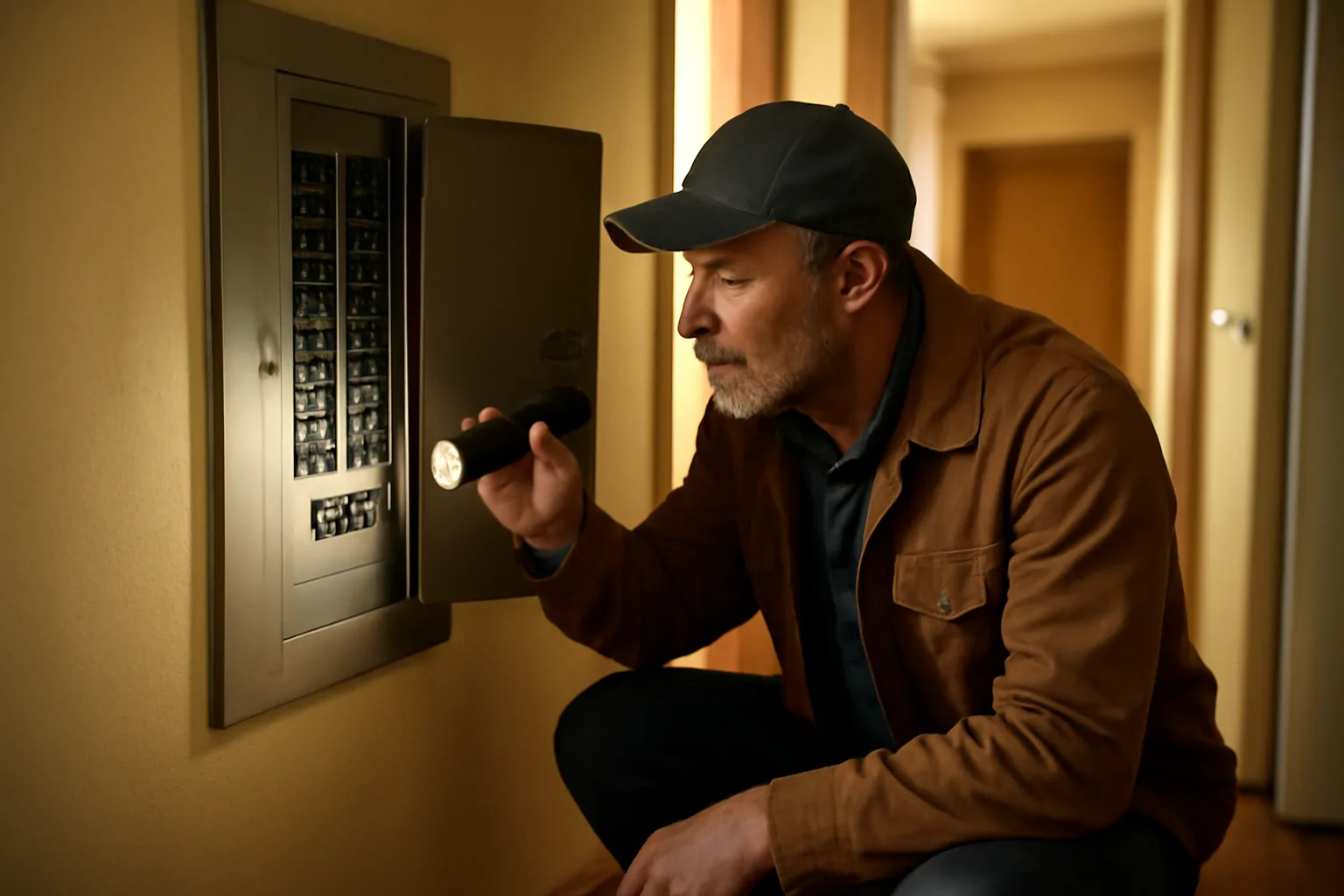 Landlord inspecting an electrical panel in a rental unit hallway before a city inspection