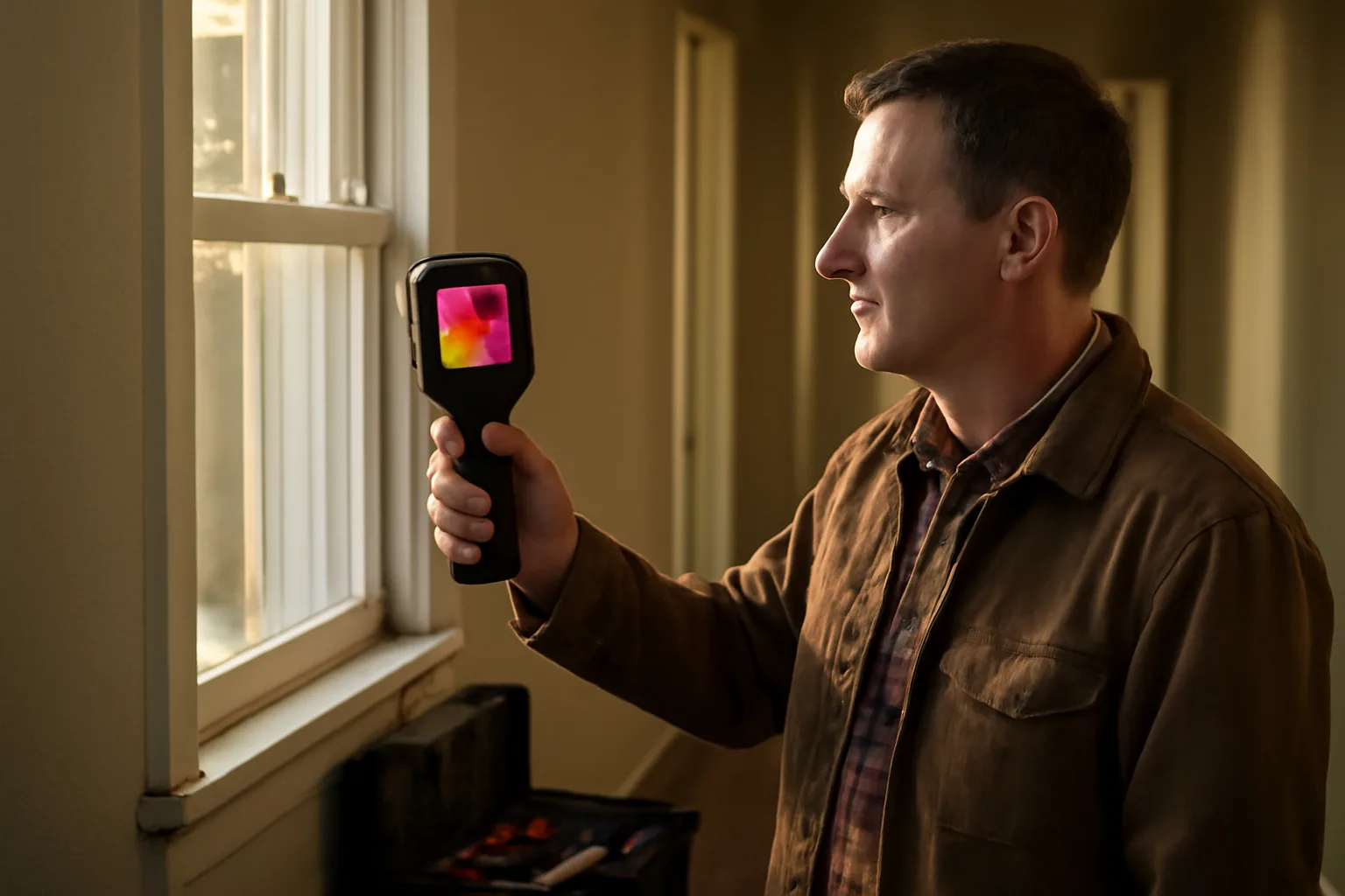 Landlord using a handheld infrared camera to inspect a wall during a rental property check