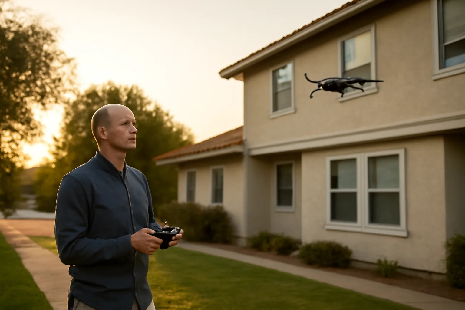 Landlord flying an inspection drone near a rental property rooftop at dusk