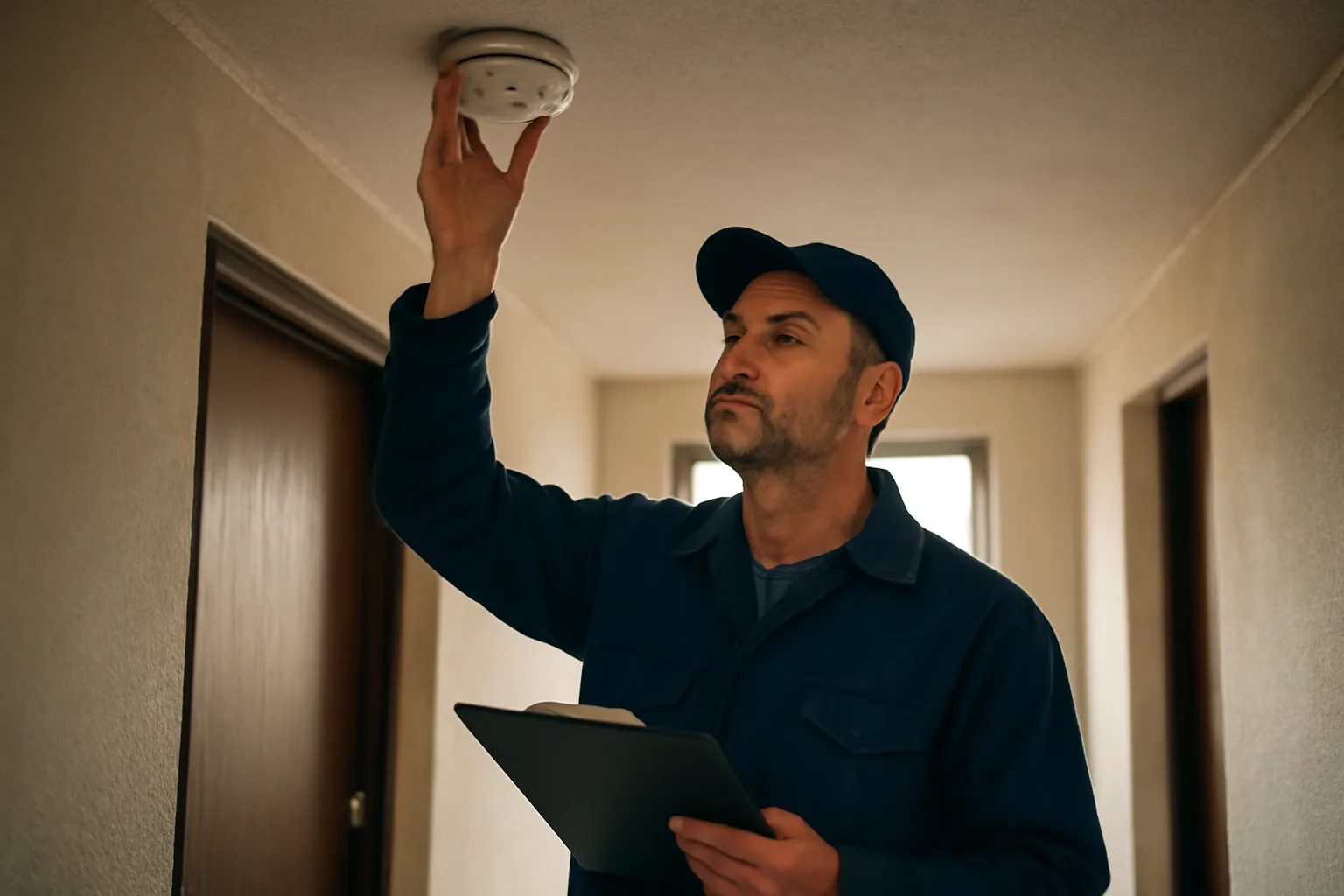 Inspector checking a hallway smoke detector during a rental unit inspection