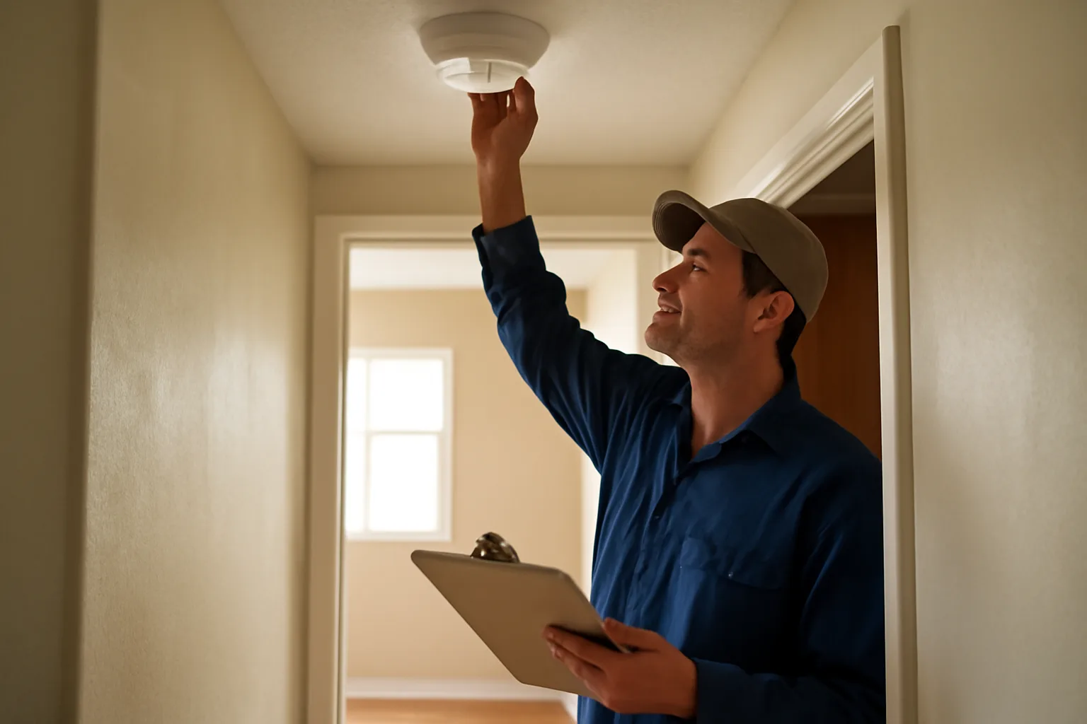 Landlord checking a smoke detector during a scheduled rental inspection visit