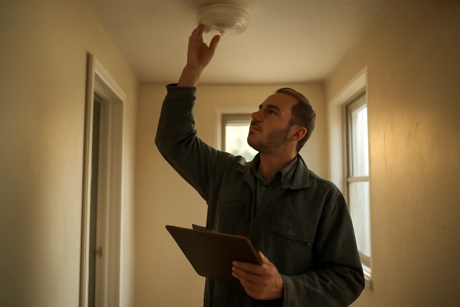 Landlord checking a smoke detector in an apartment hallway before a scheduled inspection