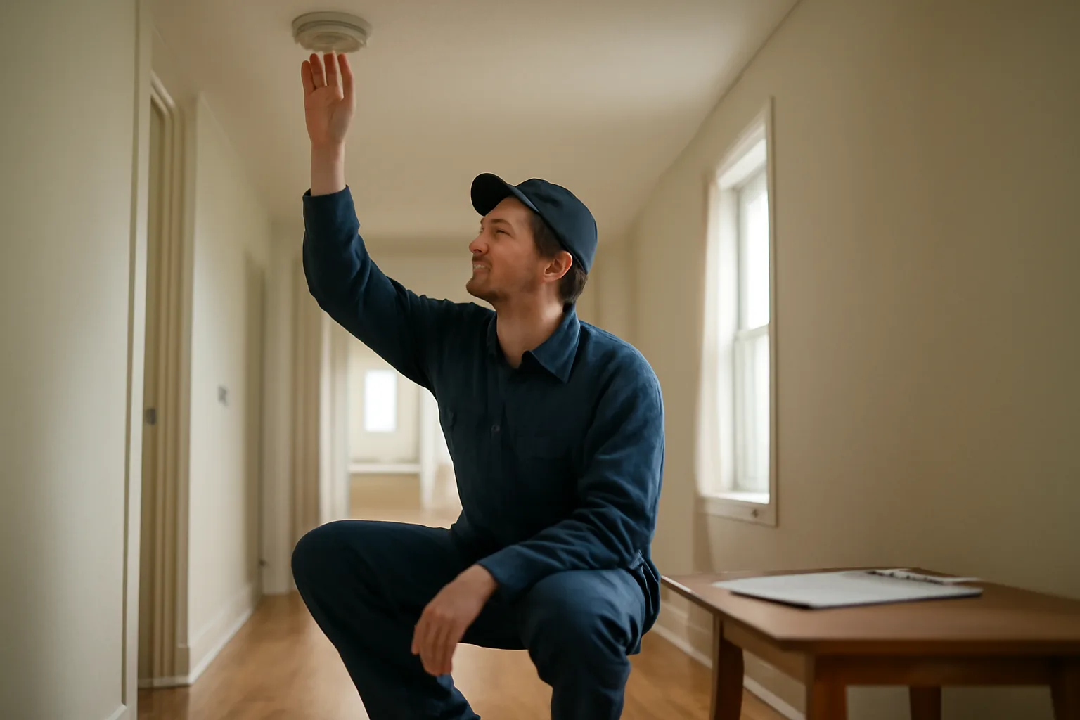 Inspector checking a smoke detector during a rental property inspection in an apartment hallway