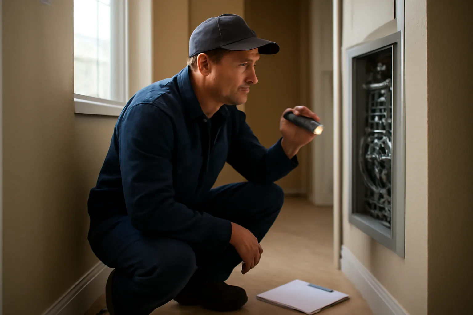 Landlord inspecting an electrical panel during an investment property inspection
