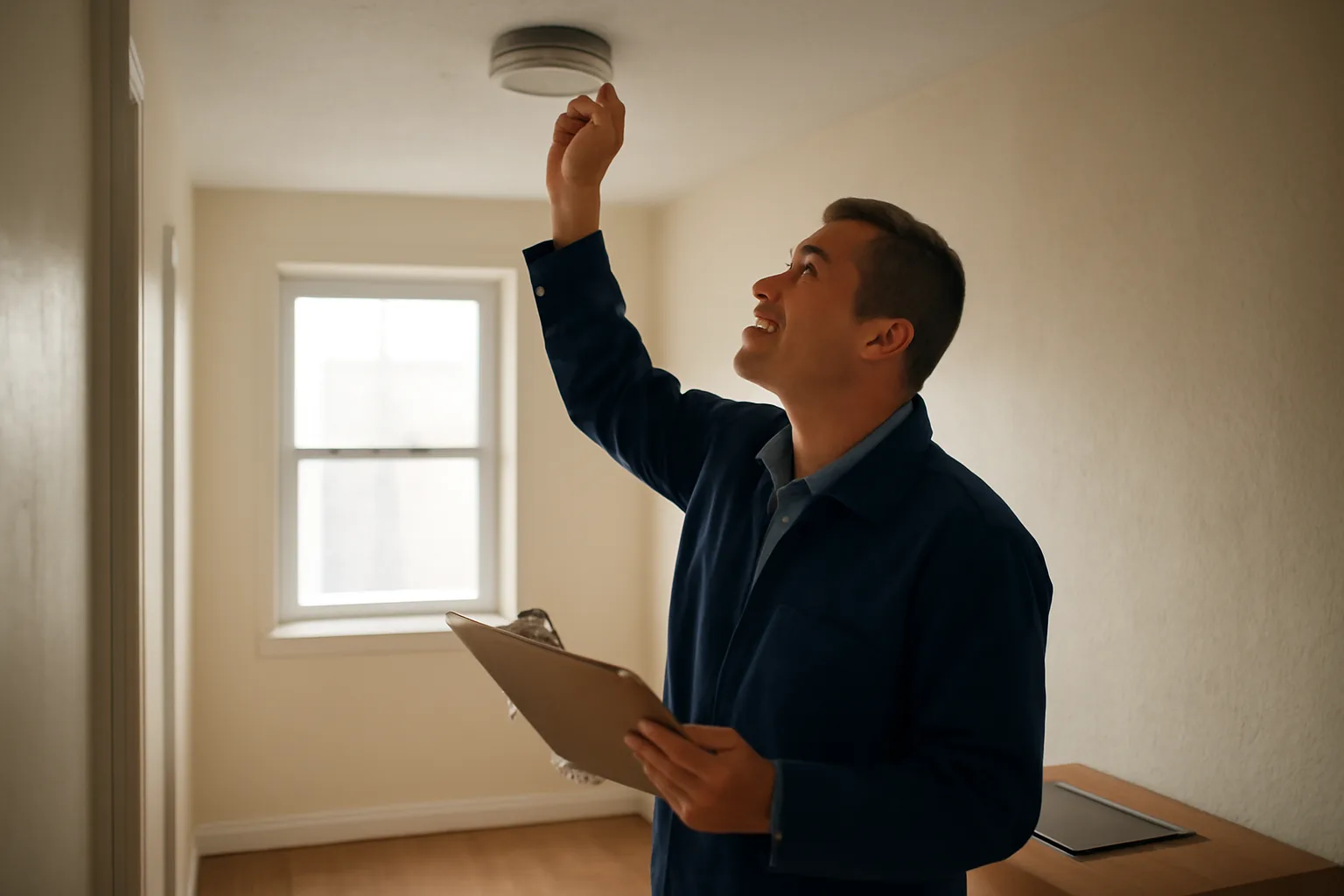 Landlord checking a smoke detector during a routine rental unit inspection