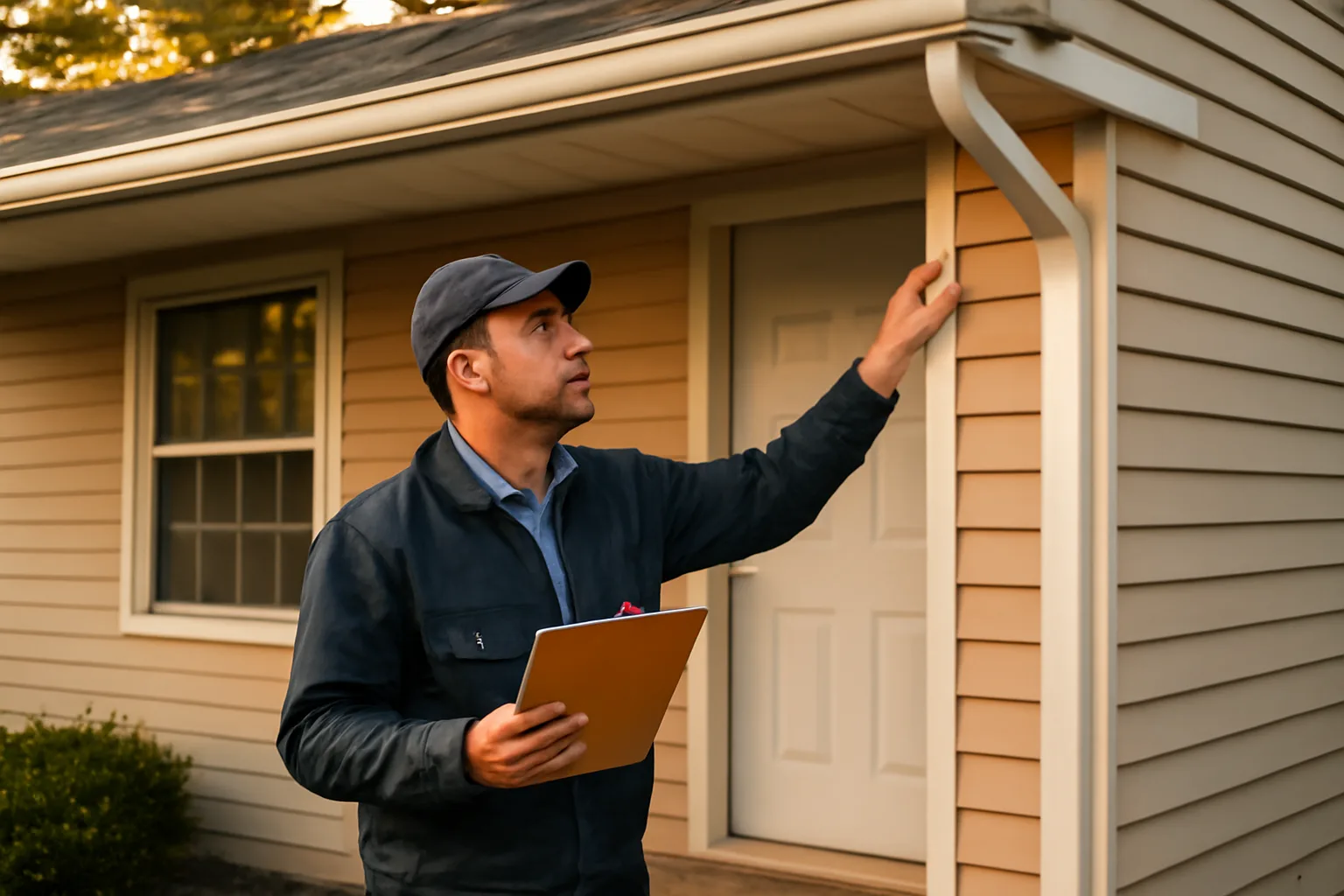 Landlord inspecting a rental house exterior during a late afternoon walk-through