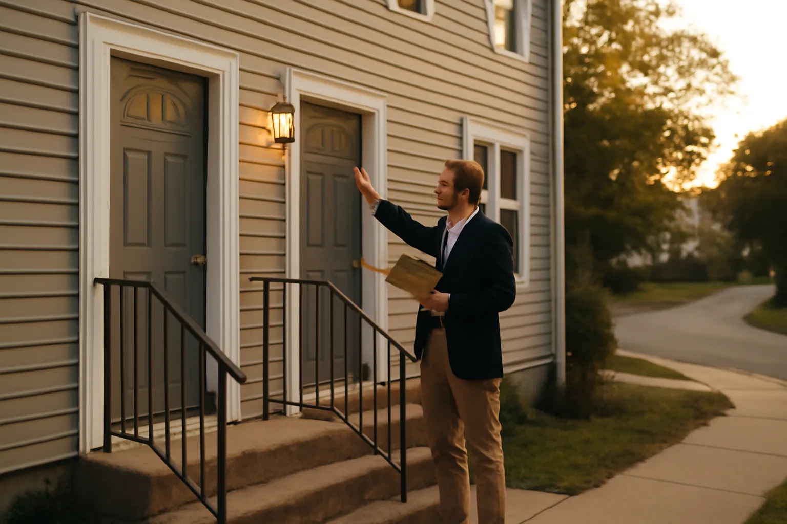 Landlord inspecting a small rental duplex exterior at golden hour