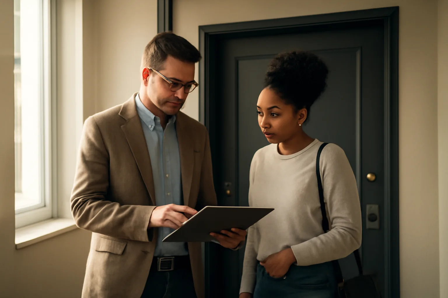 Landlord and tenant discussing a lease in an apartment hallway in South Carolina