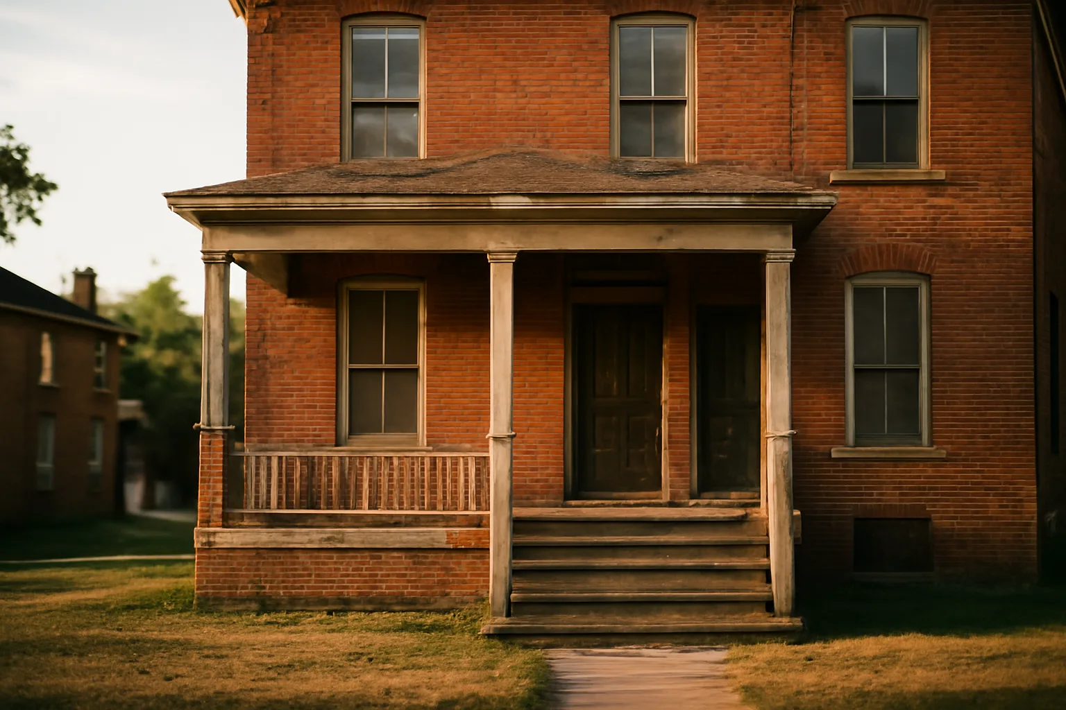 Brick duplex rental property exterior in a Kansas City residential neighborhood at dusk